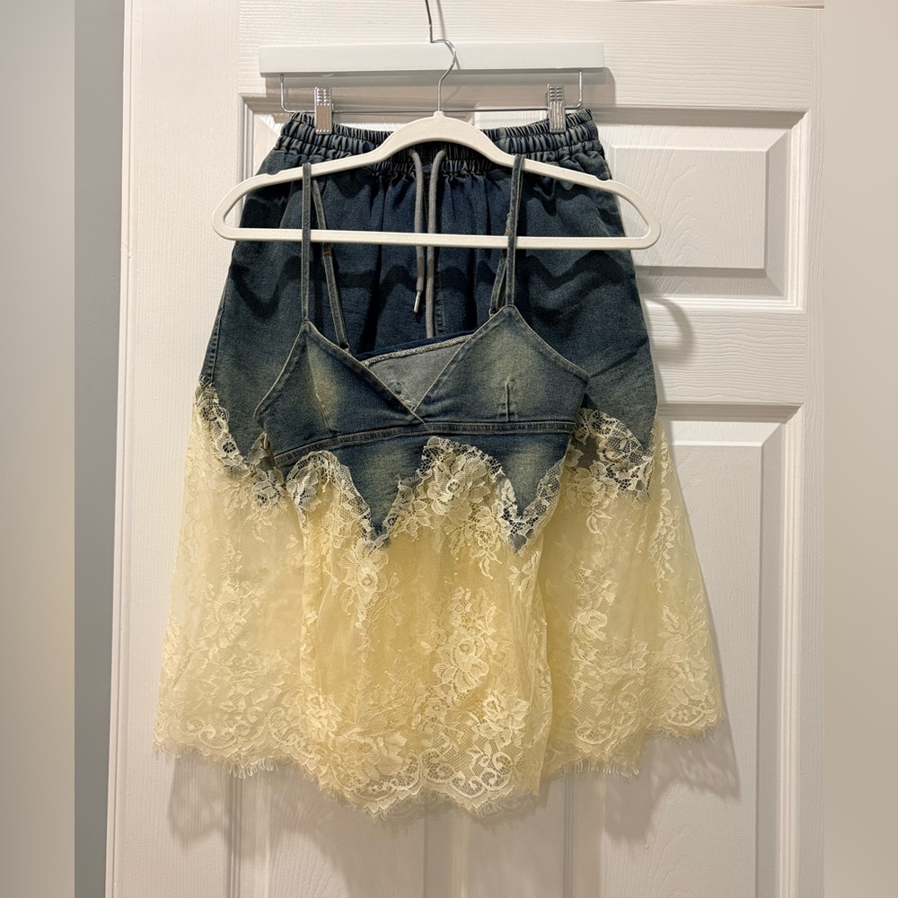 Denim & Lace Two-Piece Set | Cami Top + Shorts | Size M